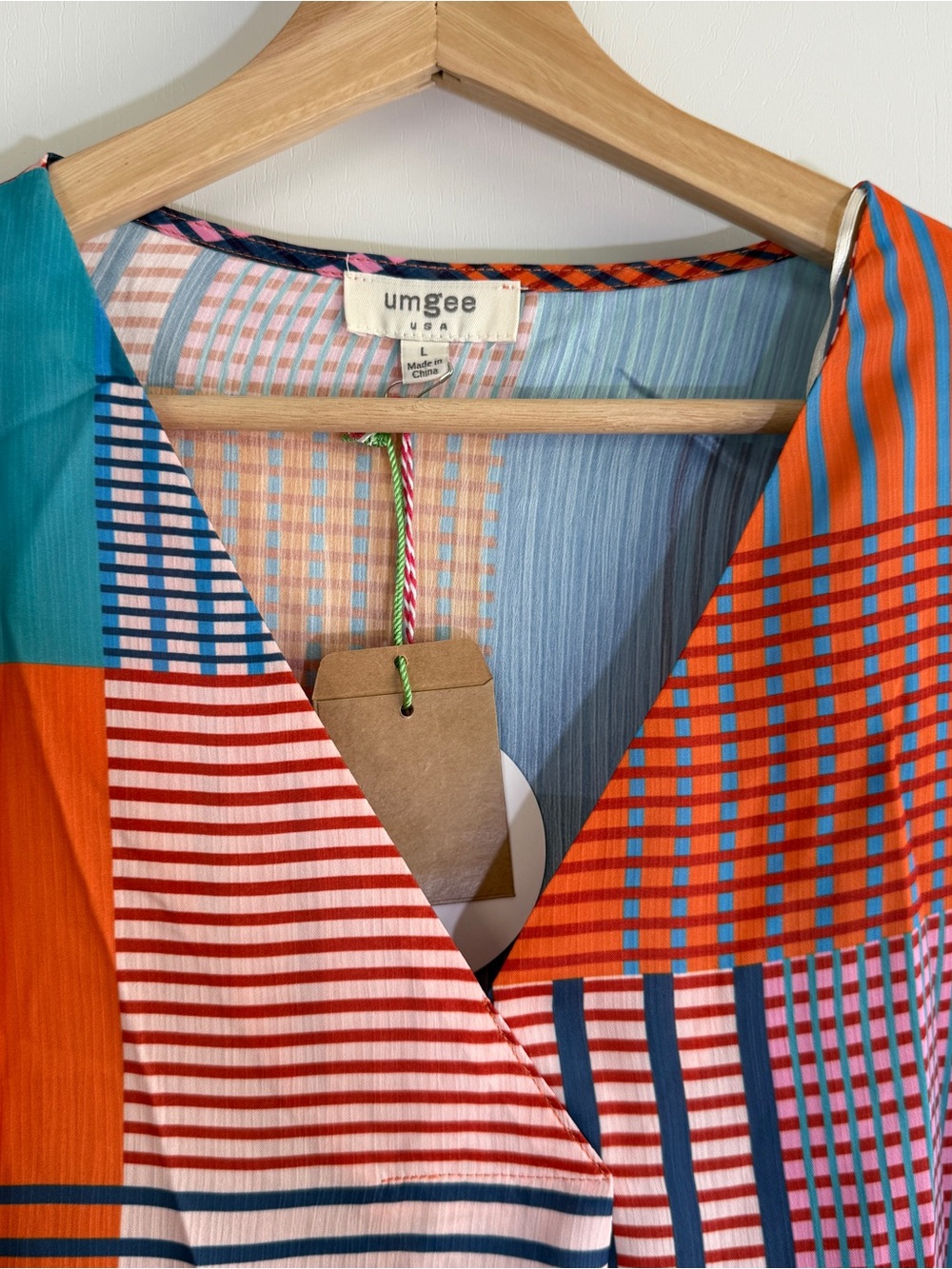 Umgee Multicolor Patchwork Striped Sport Blouse Top - Blue, Orange, Pink, Teal - Picture 3 of 4